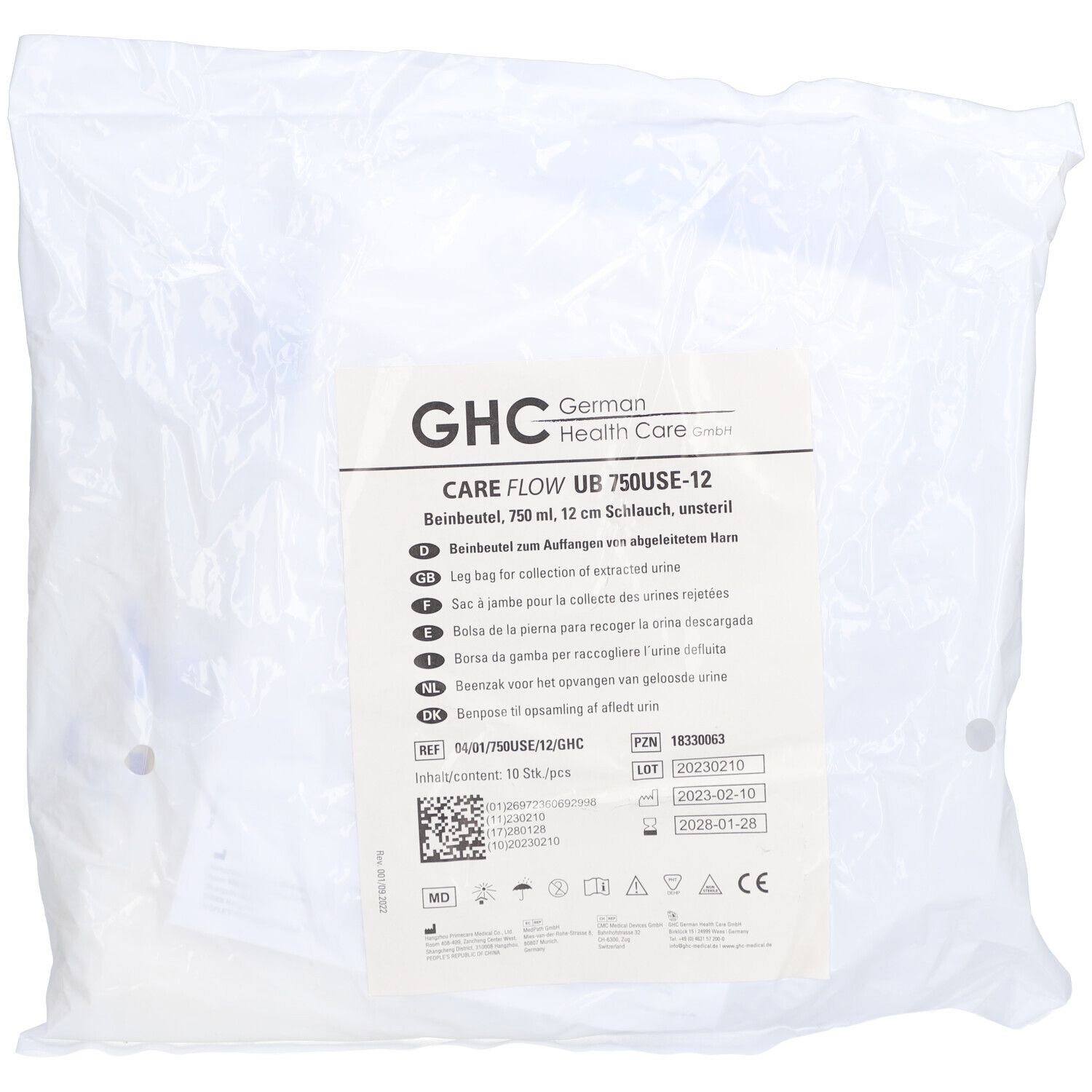 Zak met productinformatie. Opschrift: CARE FLOW UB 750USE-12, beenzak, 750 ml, 12 cm slang, steriel. GHC German Health Care.