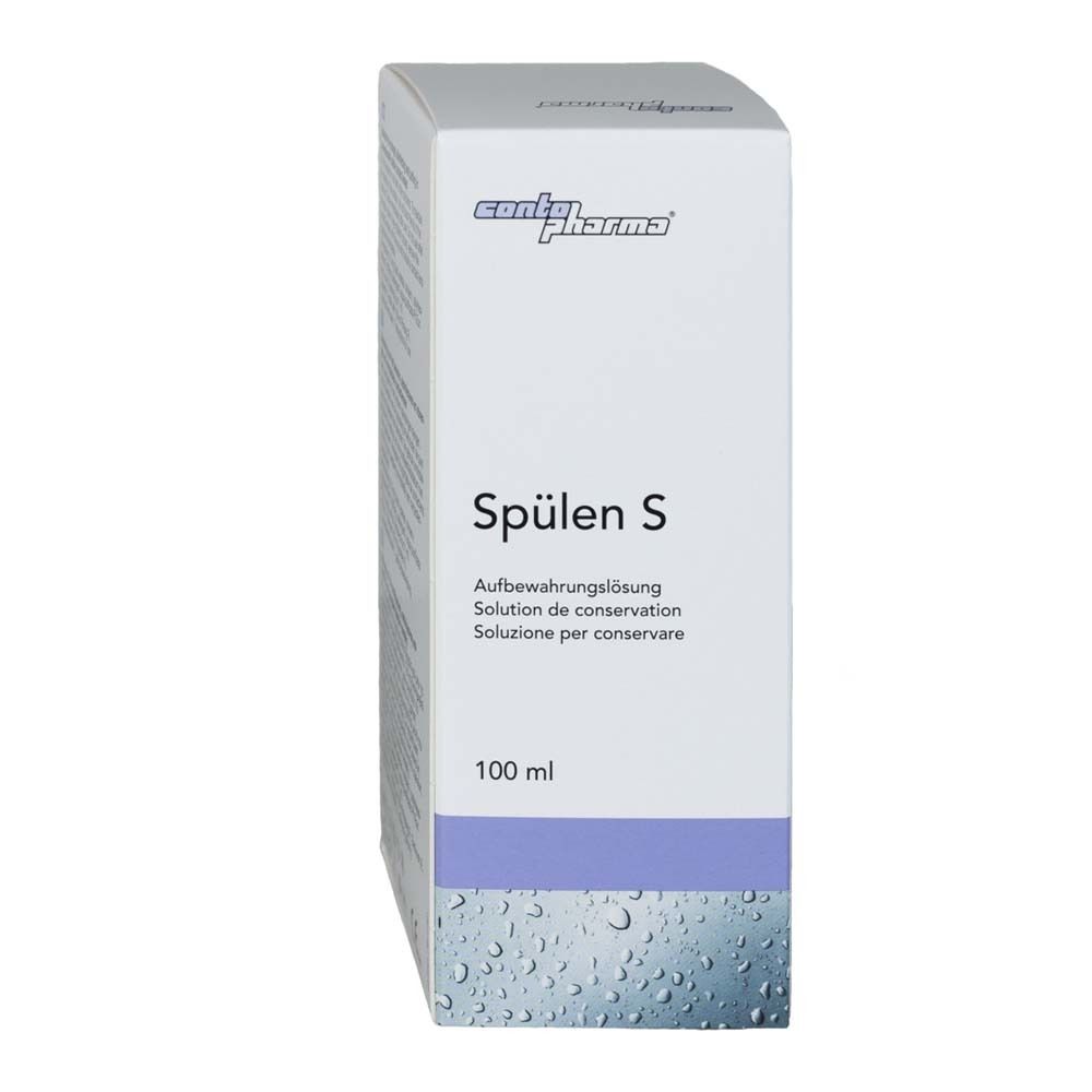 Witte verpakking met productnaam Spülen S. Bewaaroplossing. 100 ml. contopharma® logo.