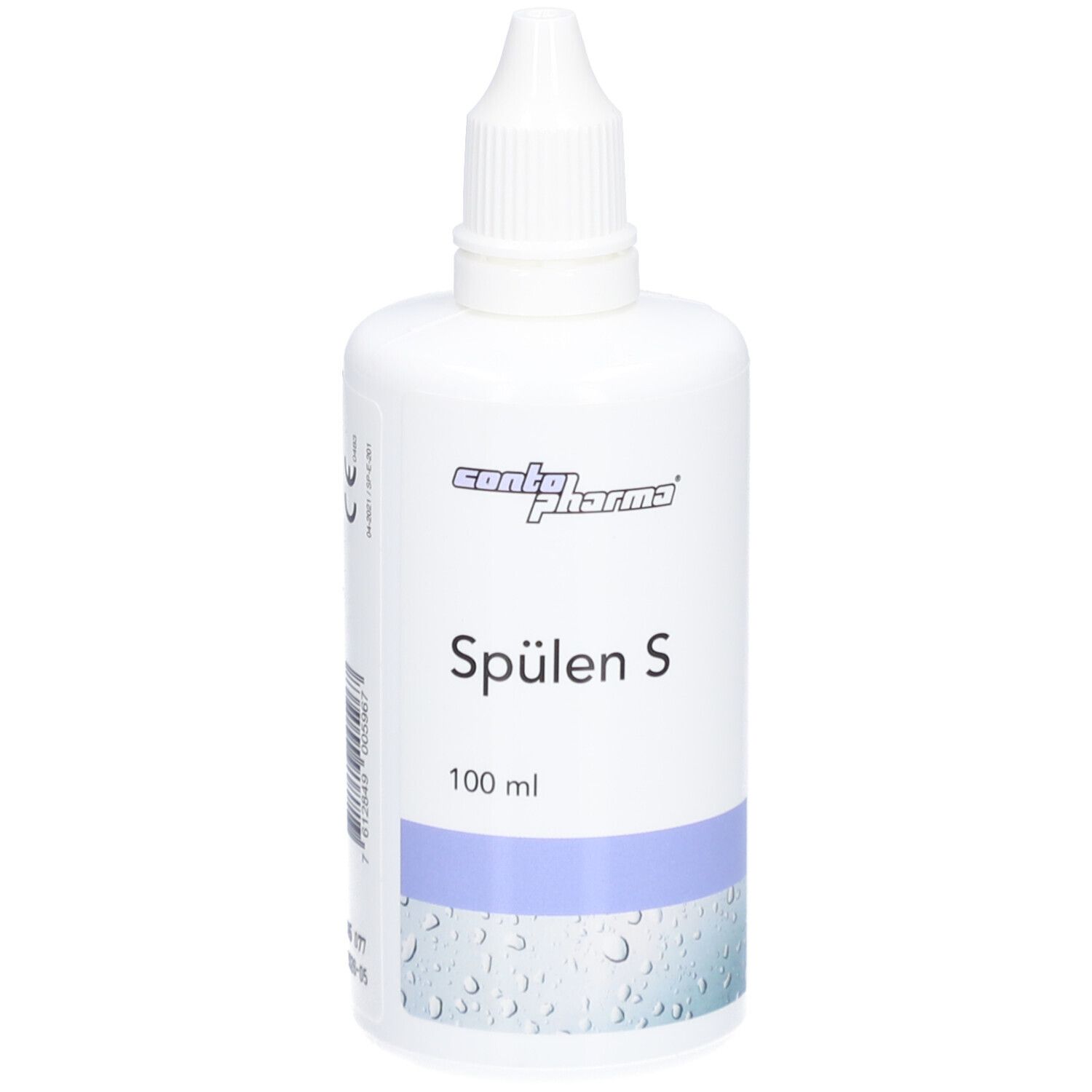 Witte fles met productnaam Spülen S. 100 ml. Druppelkap. contopharma® logo.
