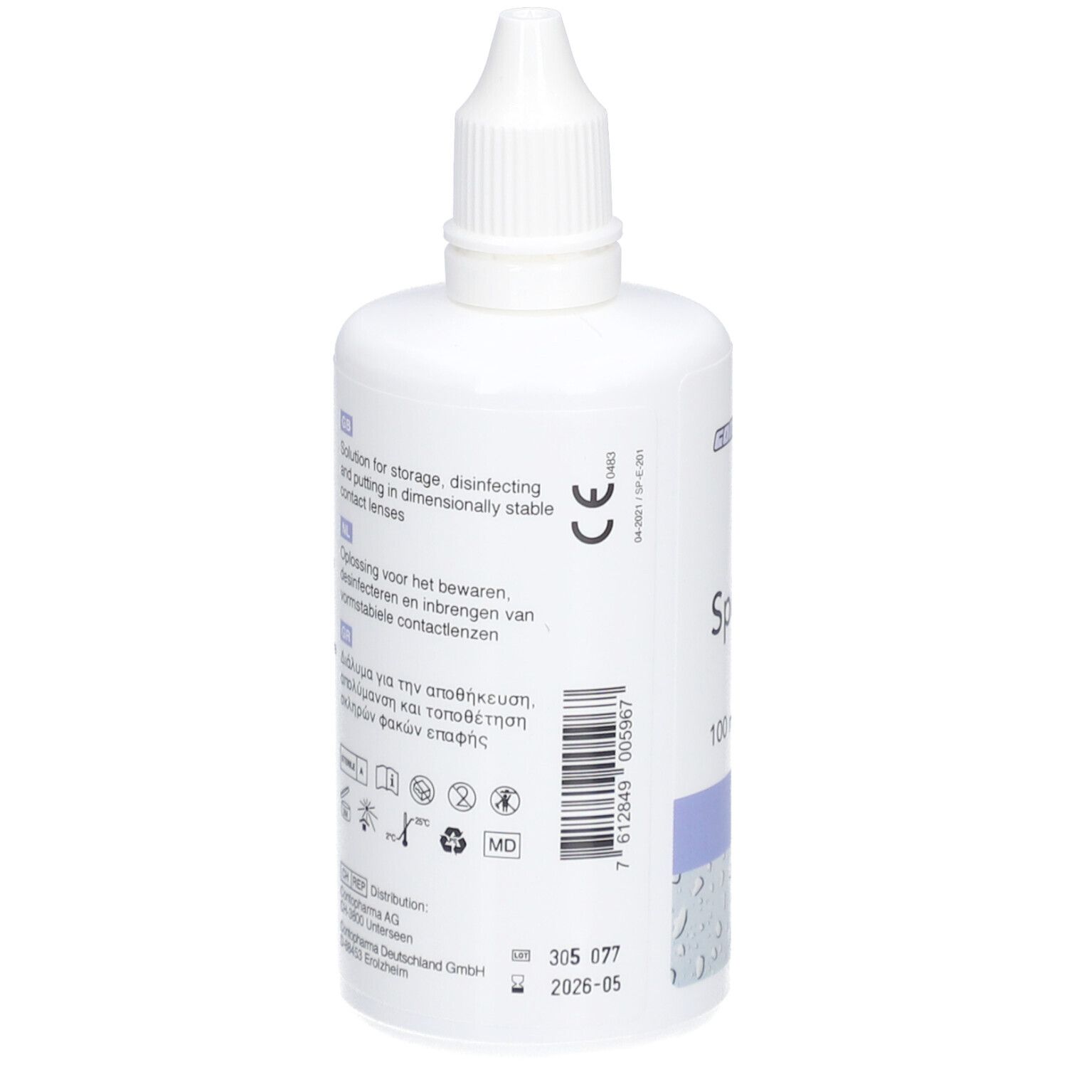 Witte fles met Spülen S. 100 ml. Druppelkap. Meertalige tekst.