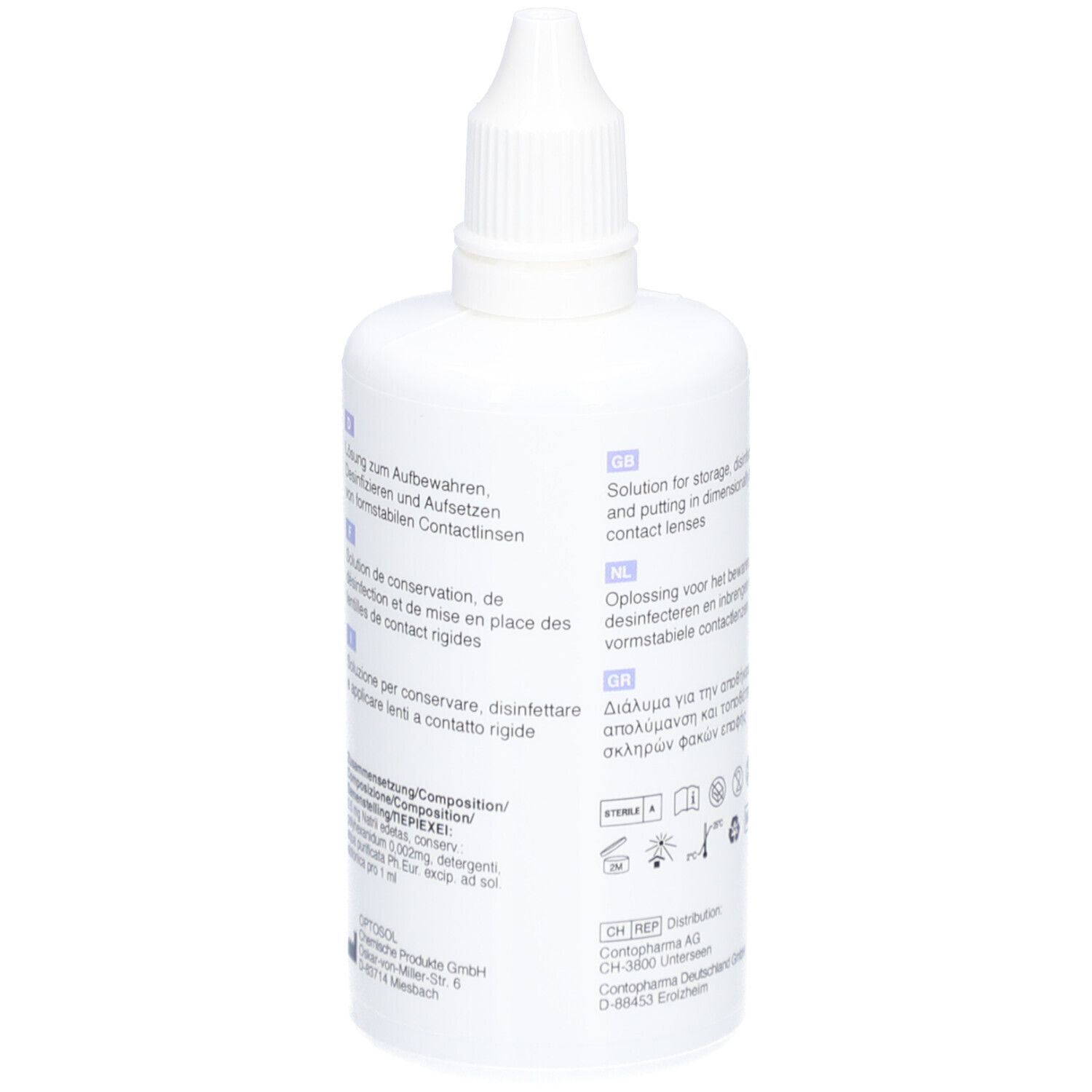 Witte fles met Spülen S. 100 ml. Druppelkap. Meertalige tekst.