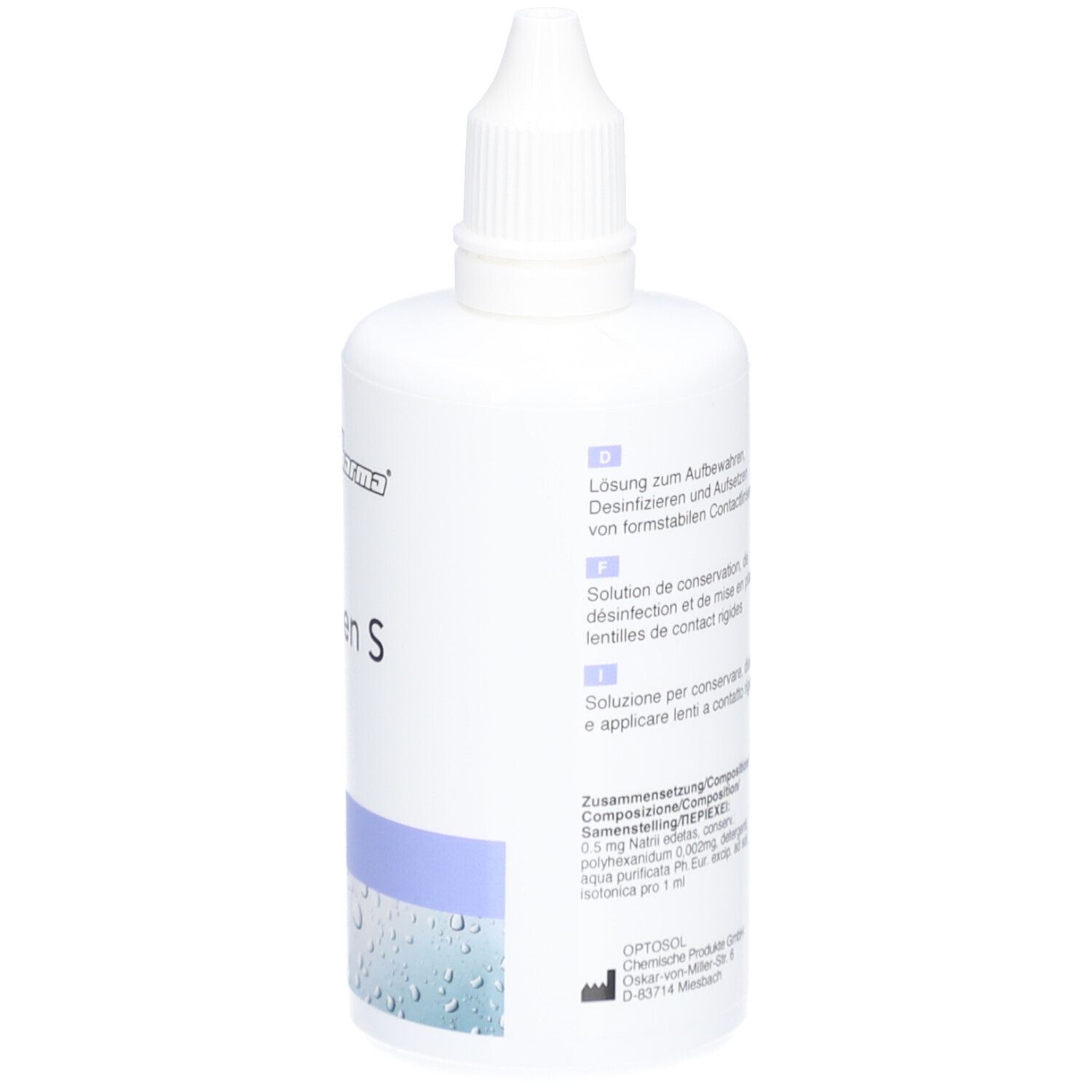 Witte fles met Spülen S. 100 ml. Druppelkap. Meertalige tekst.