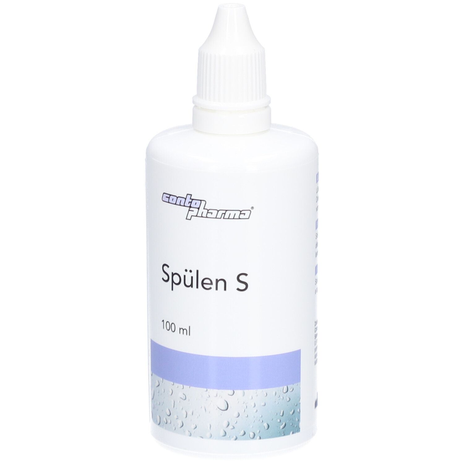 Witte fles met Spülen S. 100 ml. Druppelkap. contopharma® logo.