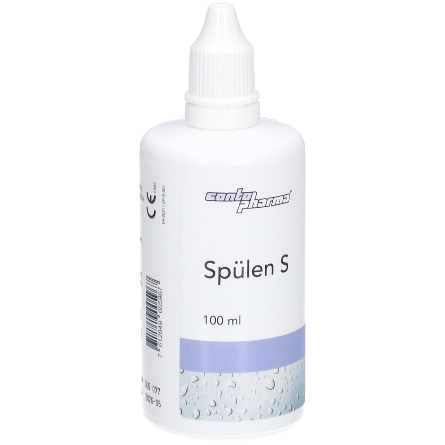 Witte fles met Spülen S. 100 ml. Druppelkap. contopharma® logo.