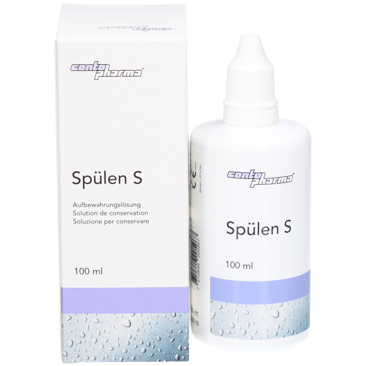 Witte fles en verpakking met Spülen S. 100 ml. contopharma® logo.