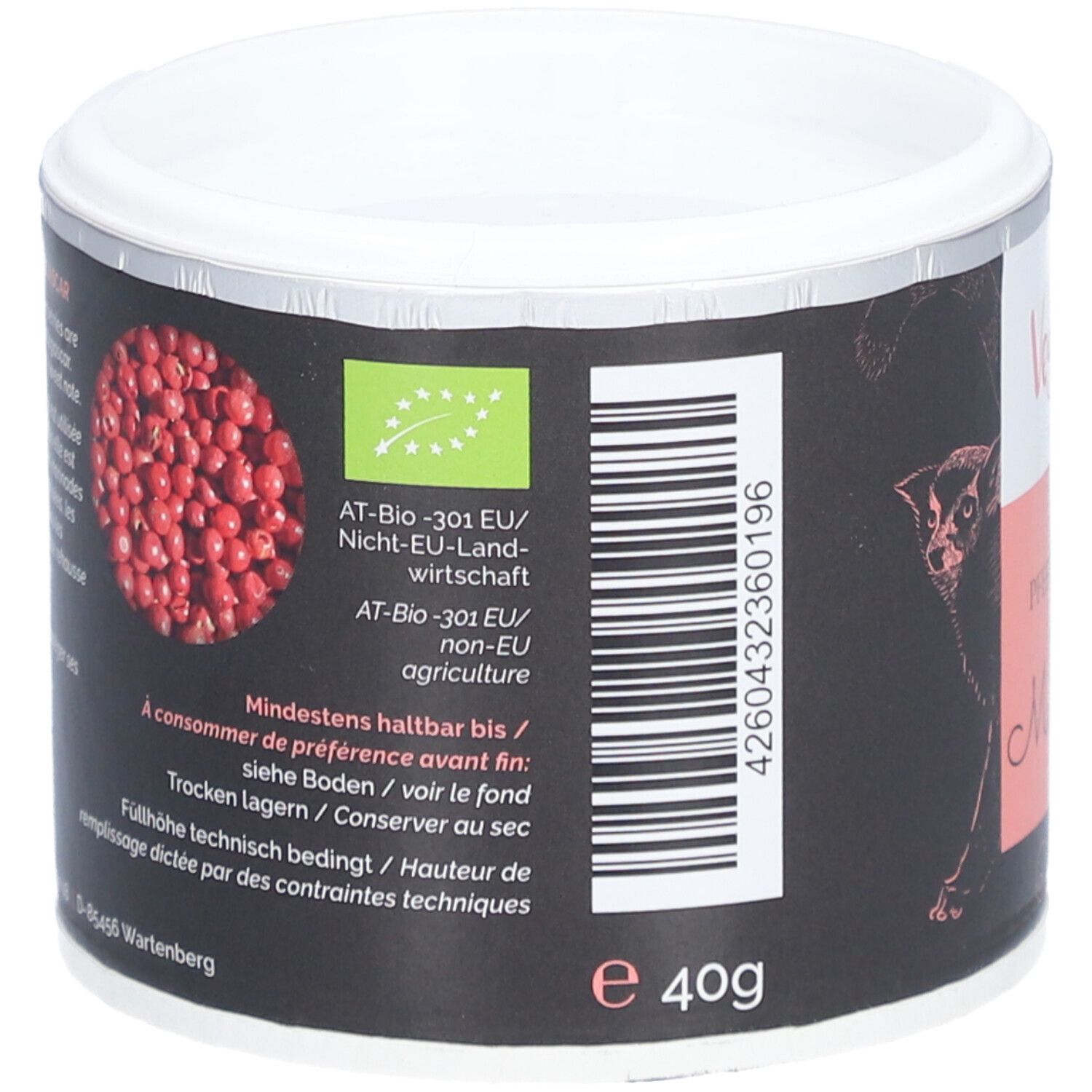 Pot met etiket. Achterkant met tekst en bio-keurmerk. Roze peperbessen. Ten minste houdbaar tot. 40g.