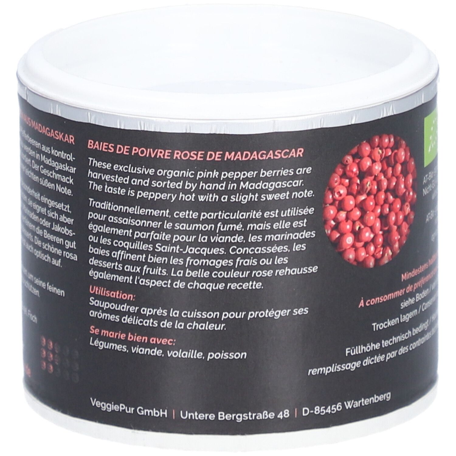 Pot met tekst. Roze peperbessen uit Madagaskar. Tekst in het Duits en Frans. Bio-keurmerk. 40g.