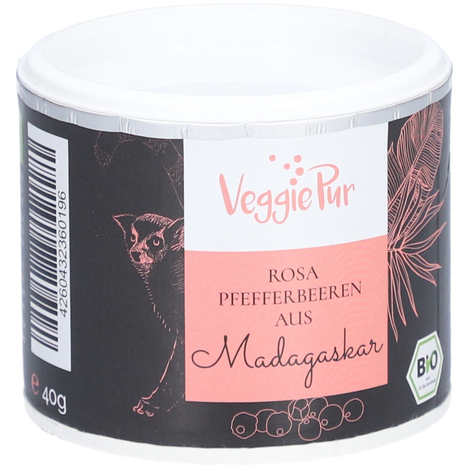 Ronde pot met VEGGIEPUR-label. Roze peperbessen uit Madagaskar. Bio-keurmerk. Zwarte achtergrond.