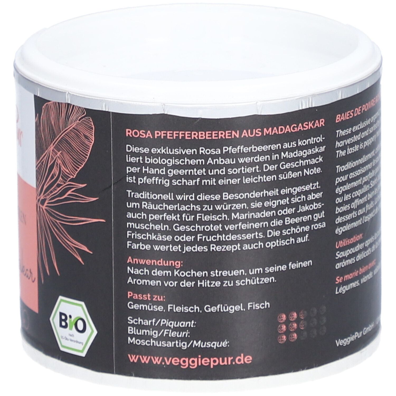 Pot met tekst. Roze peperbessen uit Madagaskar. Tekst in het Duits en Frans. Bio-keurmerk. 40g.