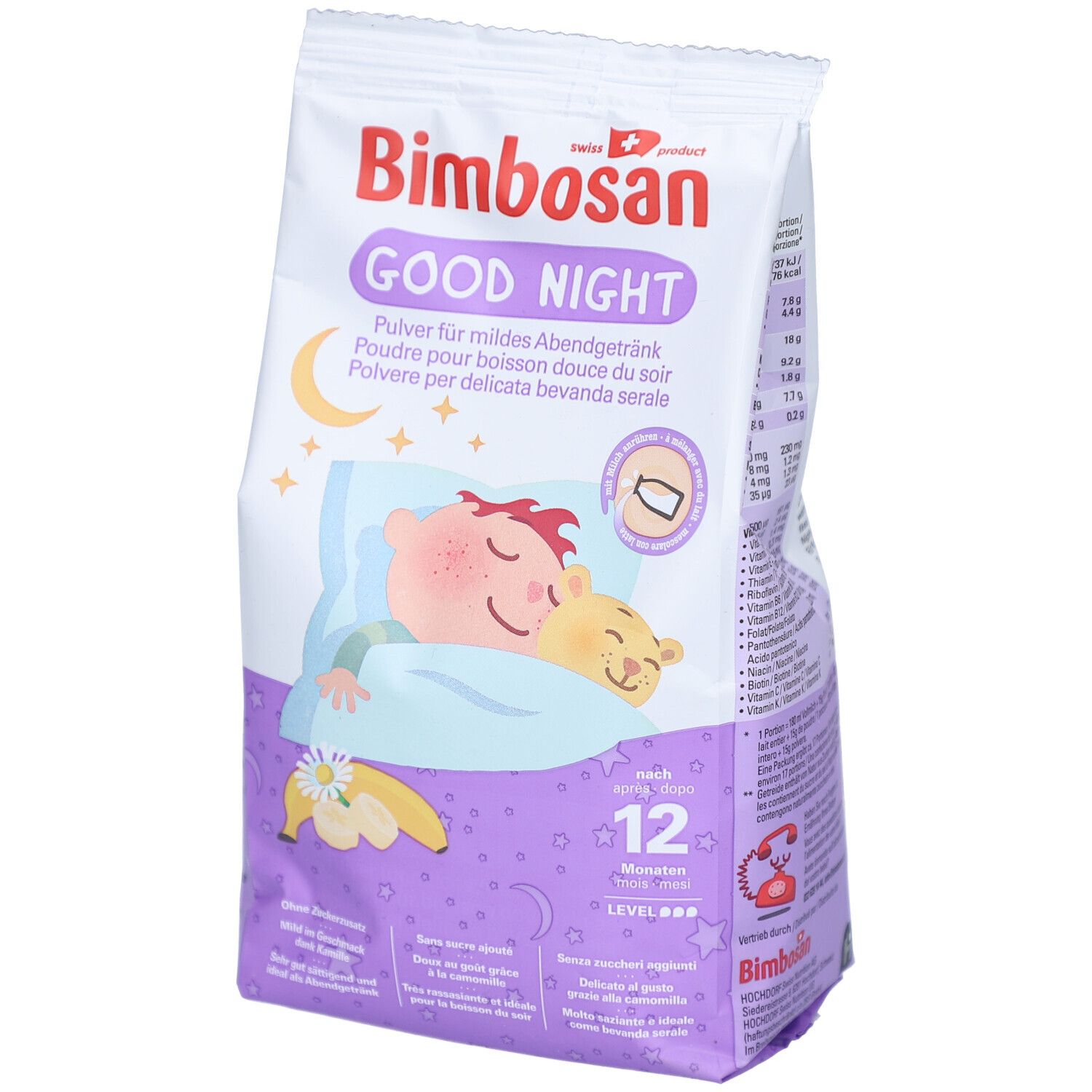 Paquet de poudre Bimbosan Good Night. Enfant dormant sur un oreiller. Lune et étoiles. 12 mois. Produit suisse.