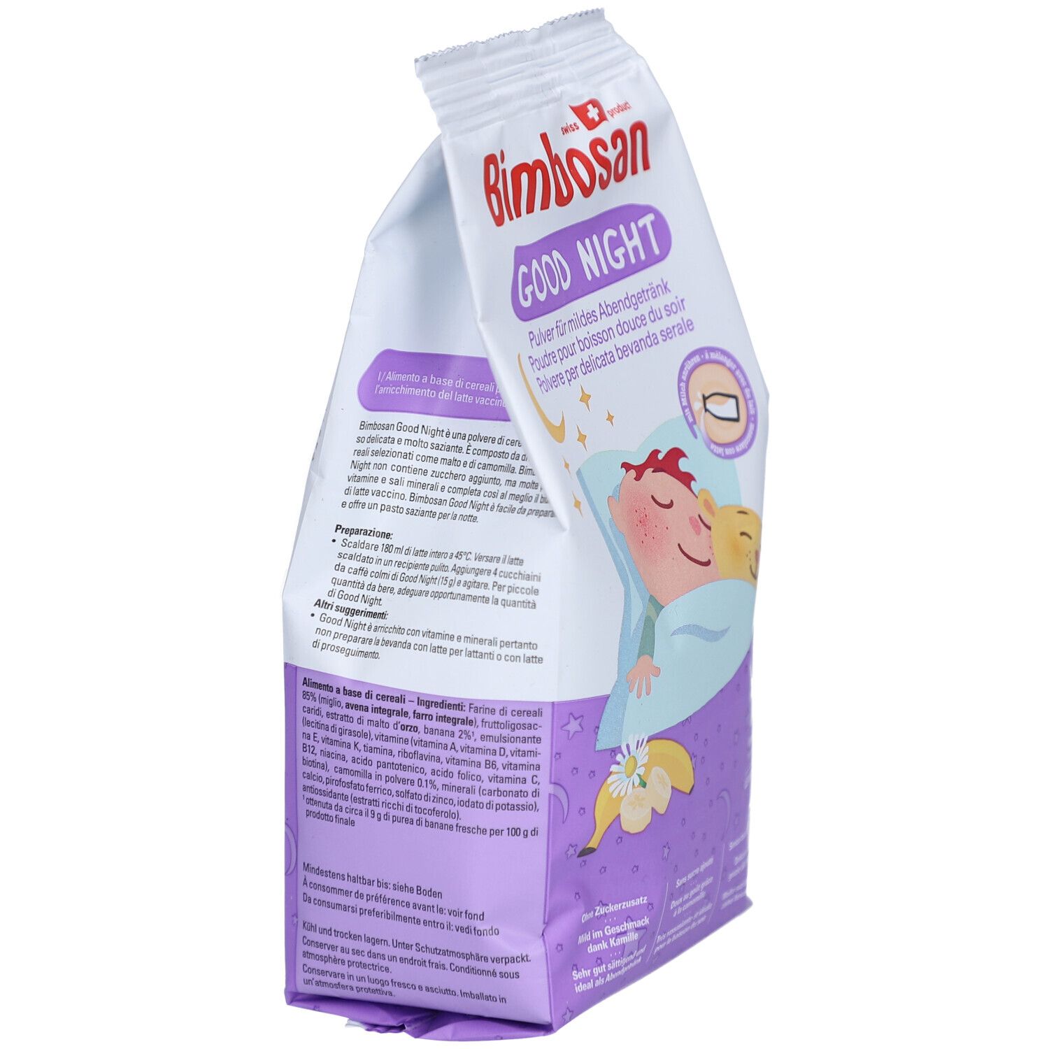 Paquet Bimbosan Good Night, en biais. Texte sur l'emballage. Enfant qui dort. Produit suisse. Ingrédients.