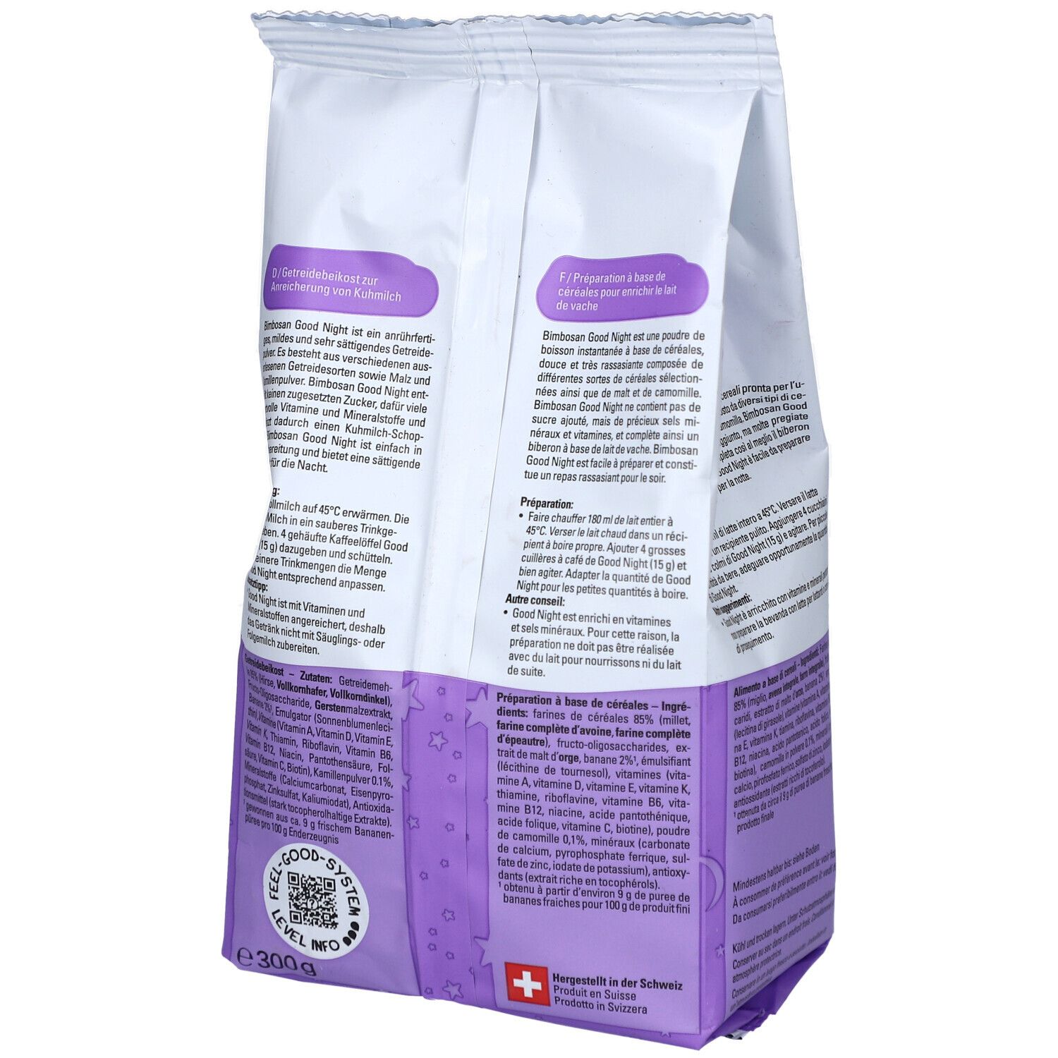 Dos du paquet Bimbosan Good Night. Texte en plusieurs langues. Ingrédients. Produit suisse.