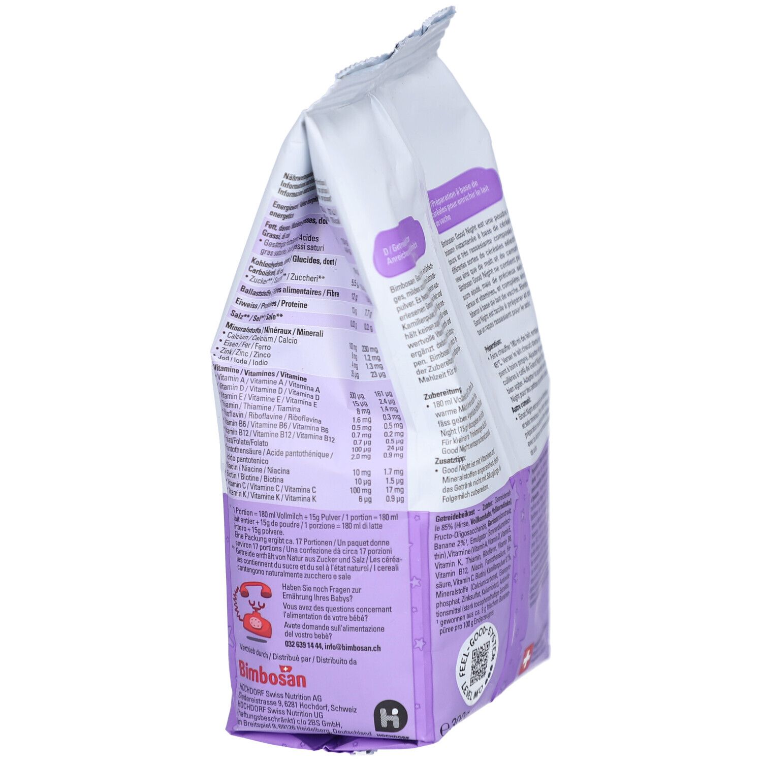 Paquet Bimbosan Good Night, vue latérale. Texte et informations nutritionnelles. Produit suisse.