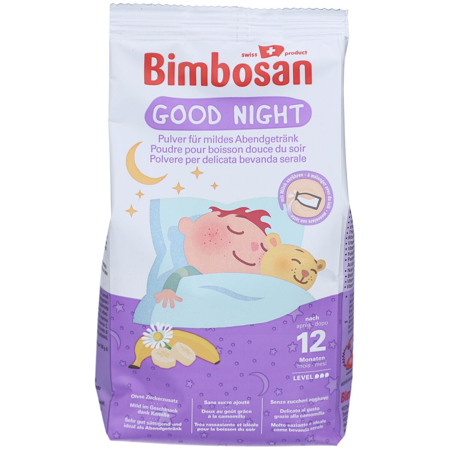 Paquet de poudre Bimbosan Good Night. Enfant dormant sur un oreiller. Lune et étoiles. 12 mois. Produit suisse.