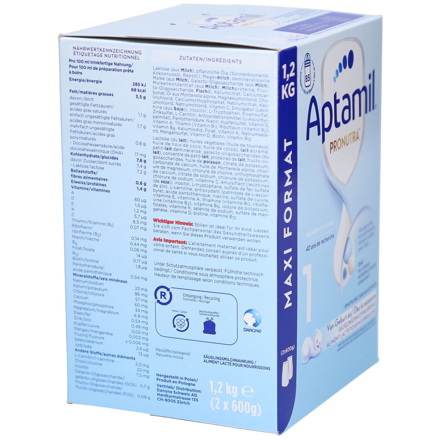 Aptamil Pronutra Maxi Formaat 1, 1,2 kg verpakking met voedingswaardegegevens en ingrediëntenlijst.