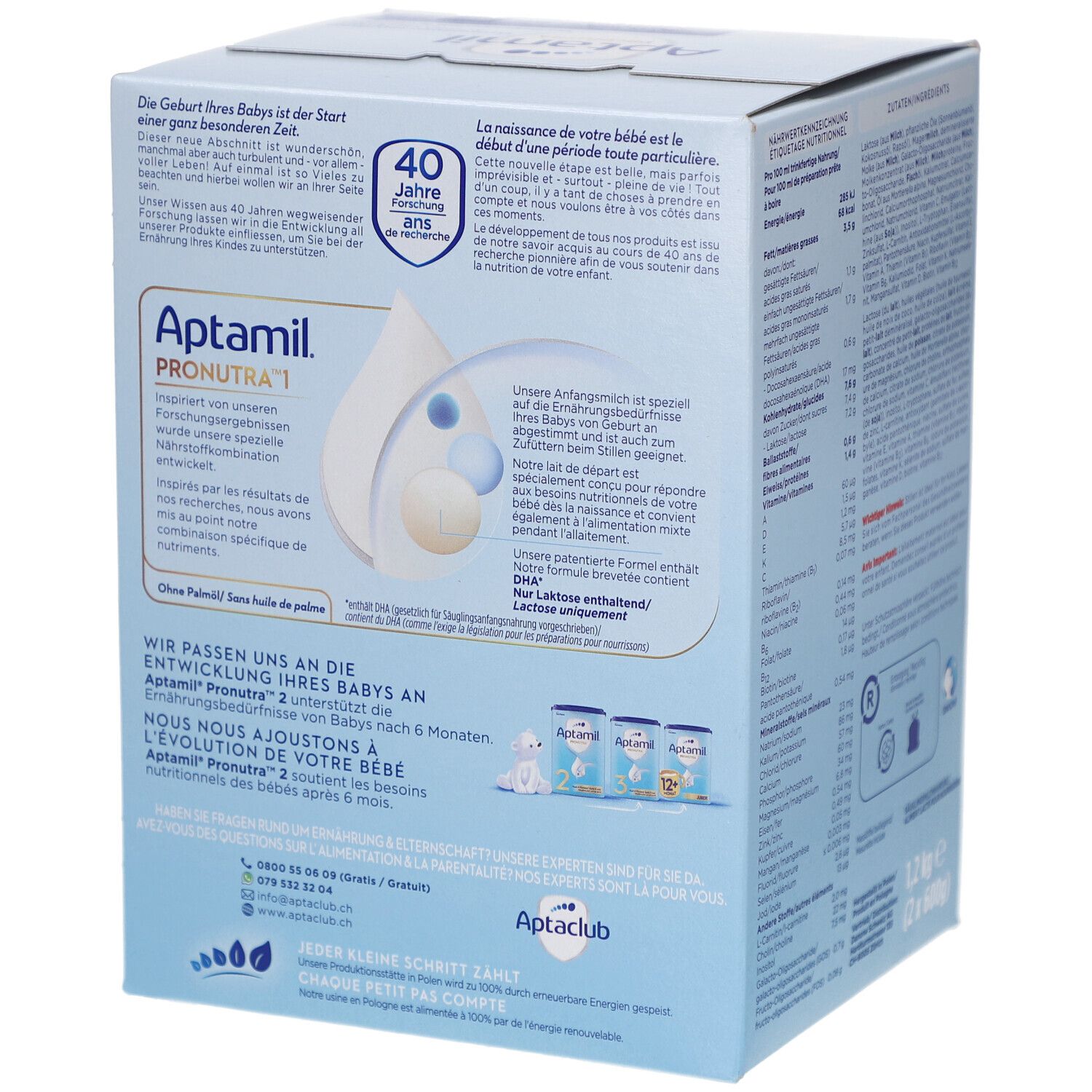Aptamil Pronutra 1 babyvoeding doos. 40 jaar onderzoek.
