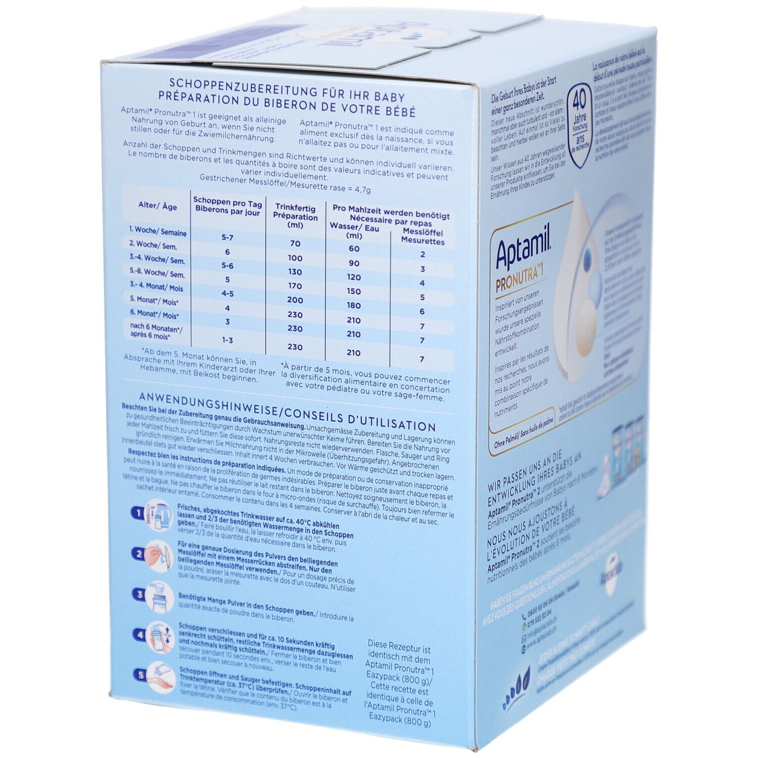 Aptamil Pronutra 1 babyvoeding pak met bereidingsinstructies en voedingswaardetabel.
