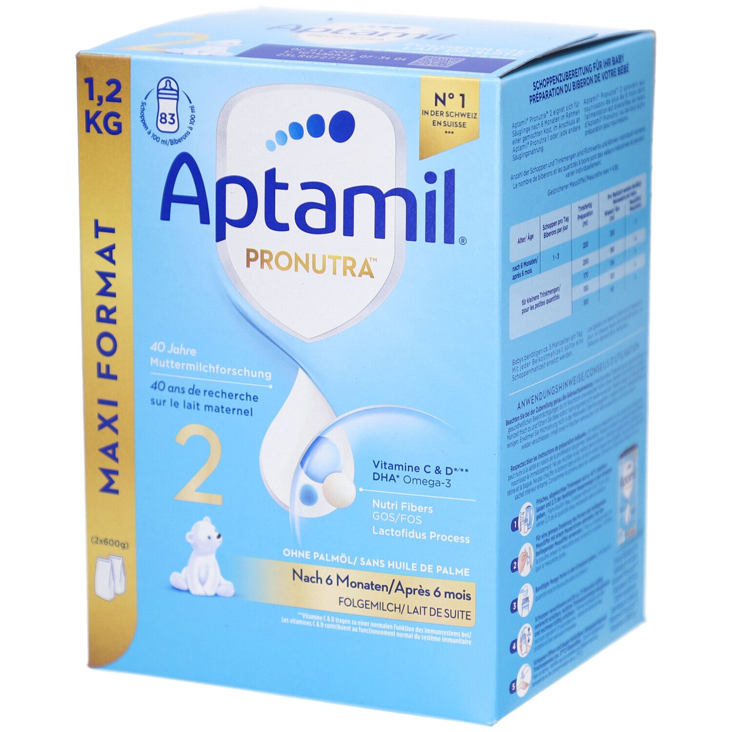Boîte Aptamil Pronutra 2 Lait de suite, 1,2 kg, Maxi Format.