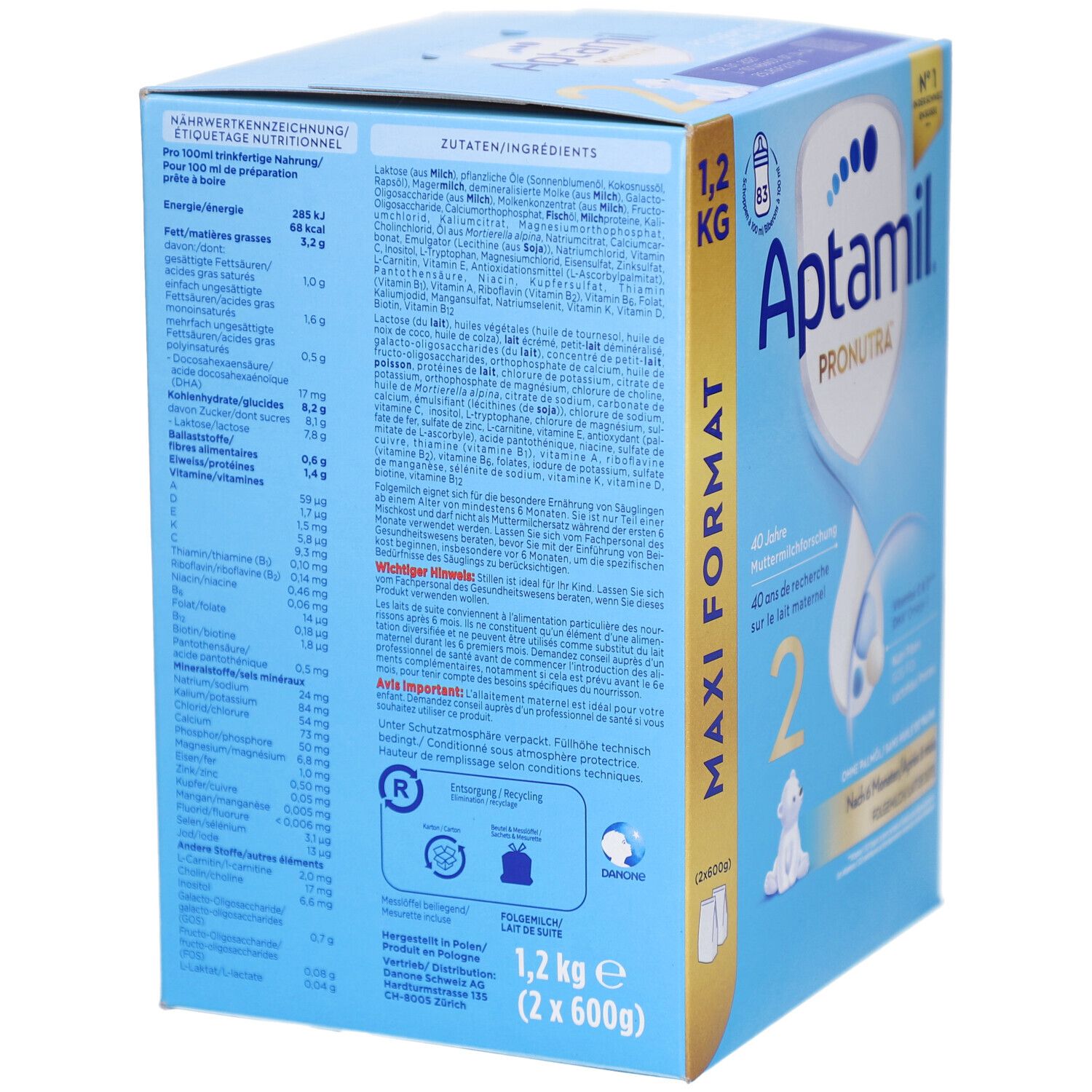 Aptamil Pronutra Maxi Format 2, 1,2 kg (2x600g) boîte de lait en poudre avec tableau nutritionnel et liste d'ingrédients.