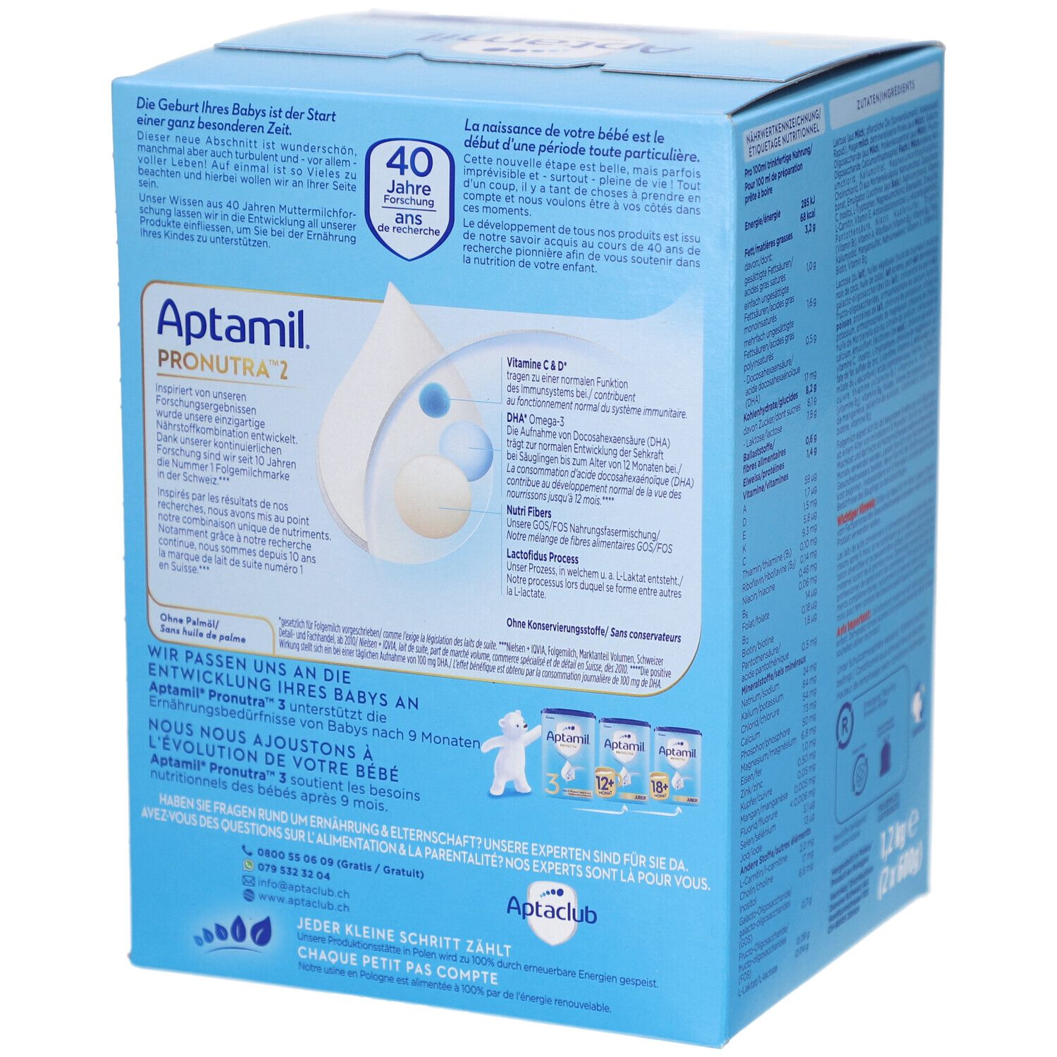 Lait infantile Aptamil Pronutra 2, boîte de 1200g avec informations sur les ingrédients et l'utilisation.