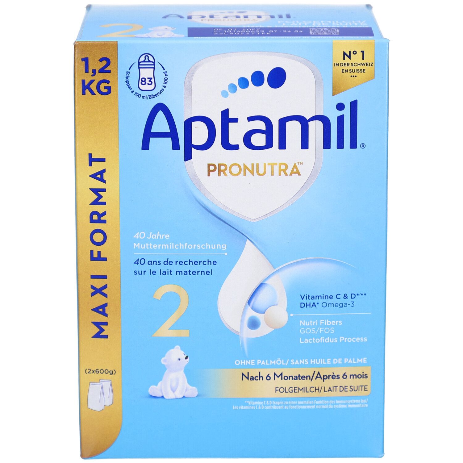 Aptamil Pronutra 2 Lait en poudre, 1,2 kg Maxi Format, pour bébés dès 6 mois.