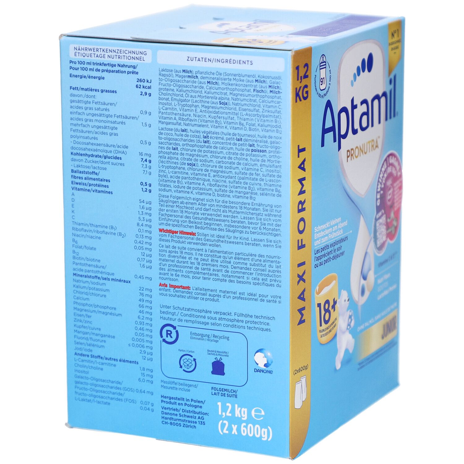 Achterkant van de kartonnen verpakking. Bevat voedingsinformatie en ingrediëntenlijst. Aptamil Pronutra Juniormilch 18+.