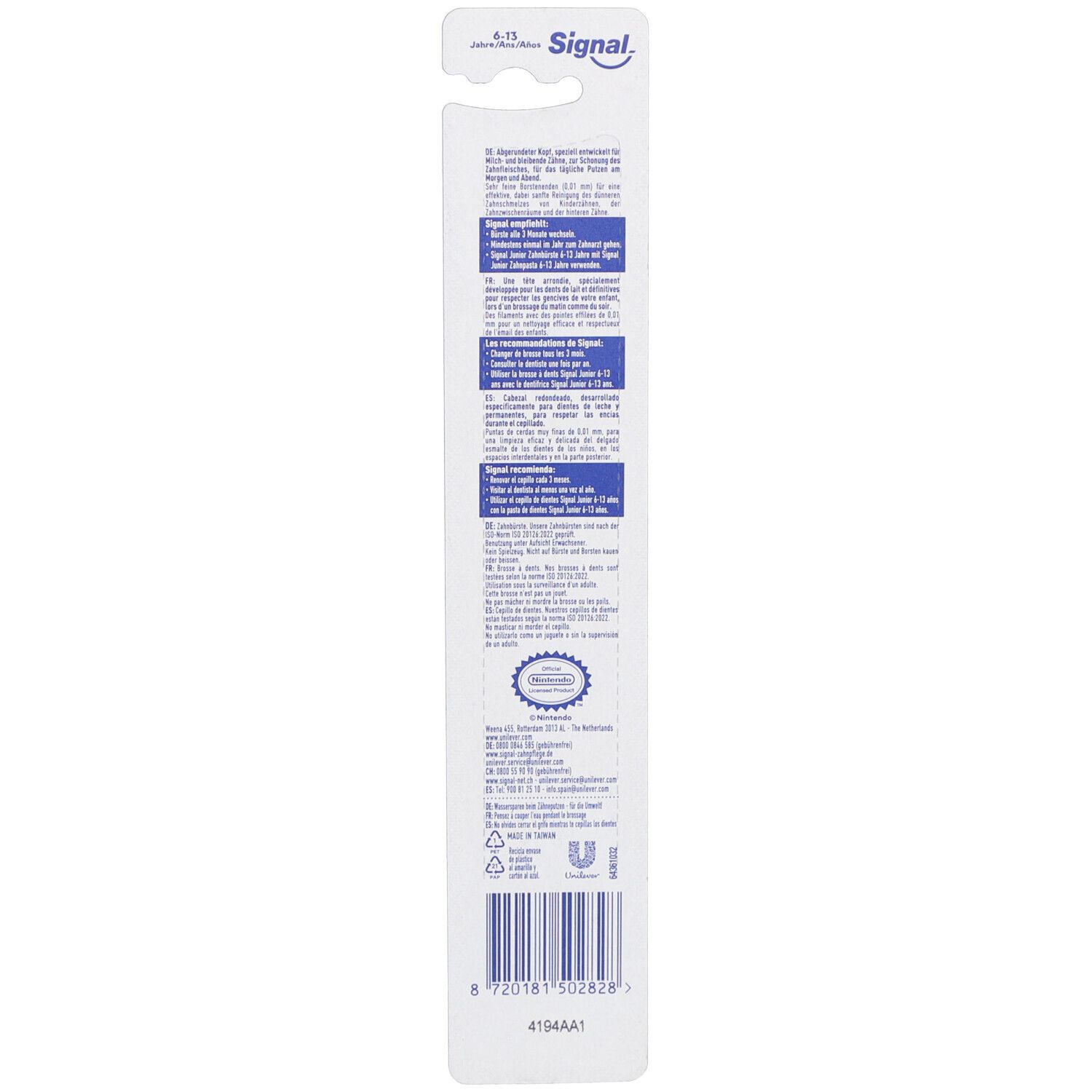 Emballage de brosse à dents Signal avec instructions multilingues et code-barres.