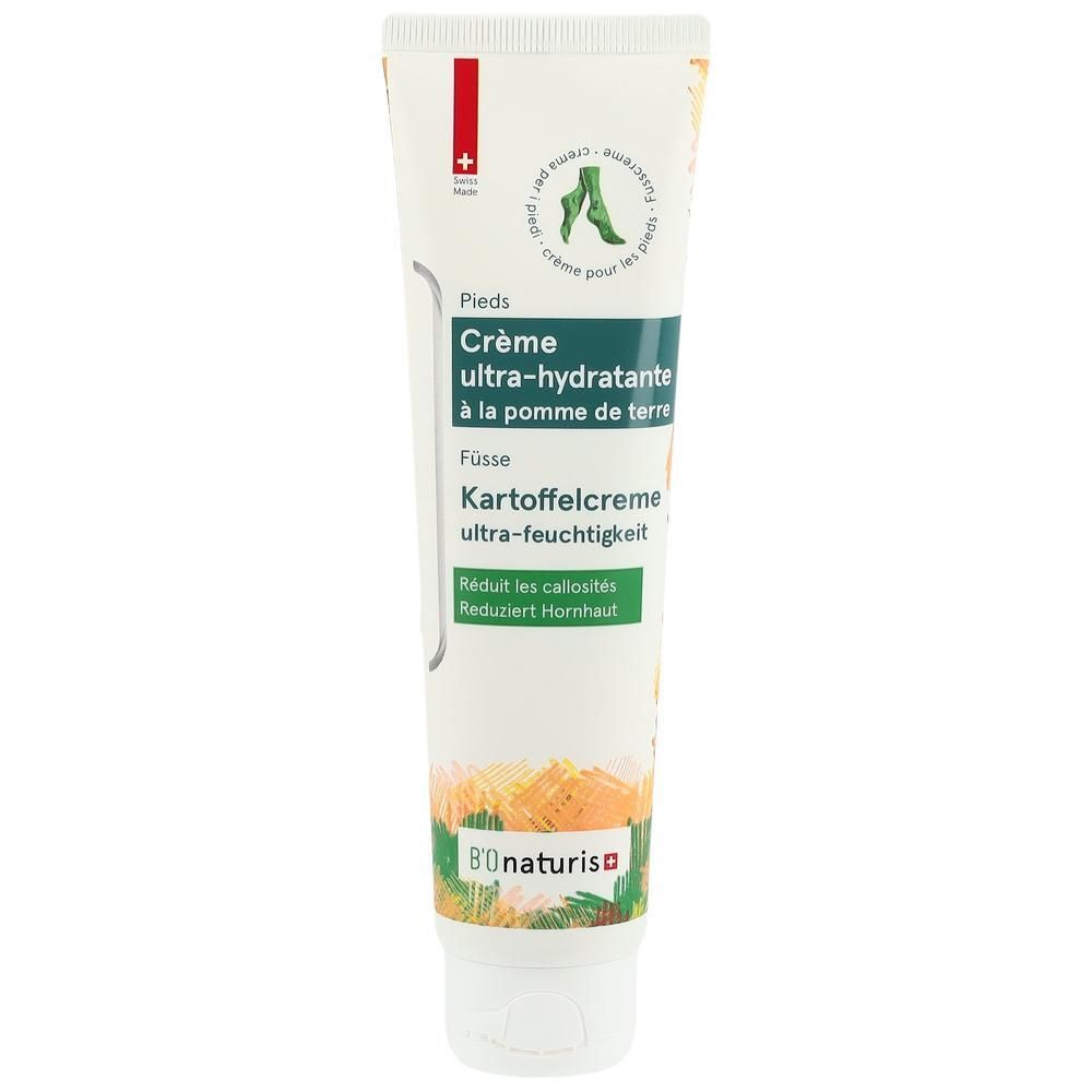Tube de crème pour les pieds. Blanc, avec des accents verts et jaunes. Texte : Crème ultra-hydratante, Kartoffelcreme. Marque : BOnaturis.