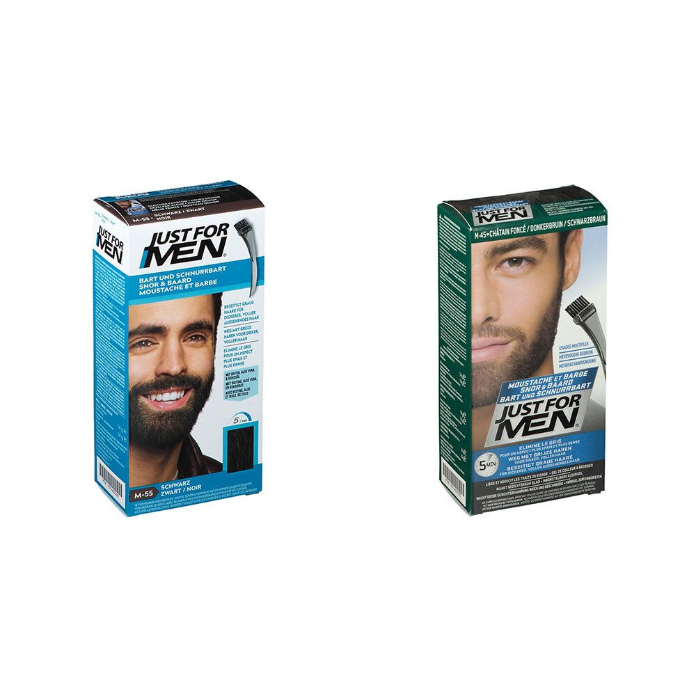 Twee dozen JUST FOR MEN baard- en snorverfgel. Opdrukken: productnaam, afbeelding van een man met baard.