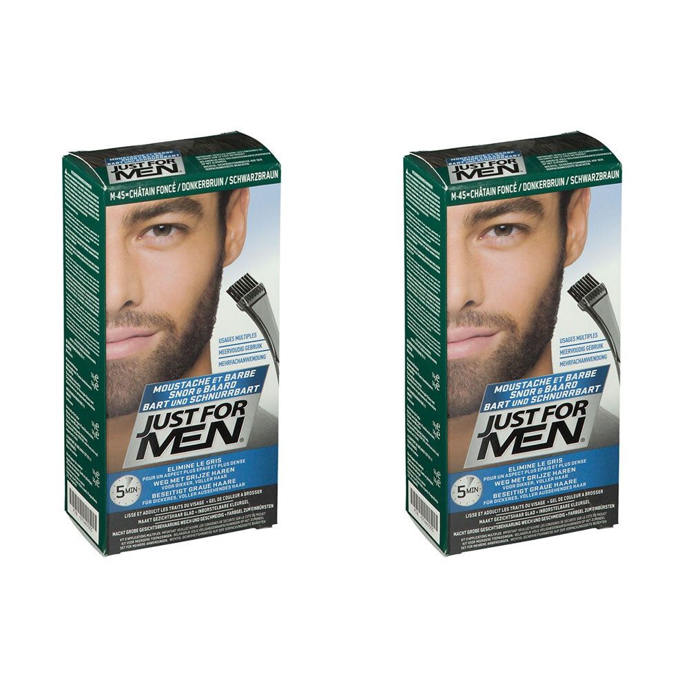Twee verpakkingen JUST FOR MEN. Zwarte en groene verpakking met man. Tekst: Moustache et Barbe. Bevat applicator.