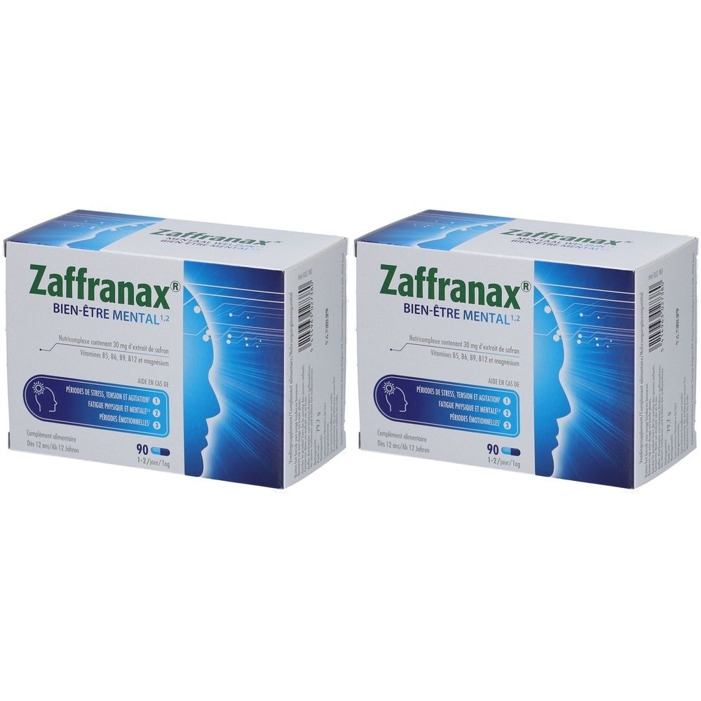 Twee dozen Zaffranax. Opschrift: Bien-être mental. Blauw en witte verpakking met profiel. Bevat 90 tabletten.