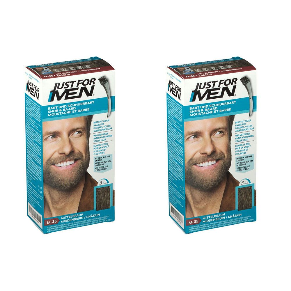 Twee dozen baard- en snorverf. Merk: JUST FOR MEN. Kleur: middenbruin. Afgebeeld is een man met een baard.