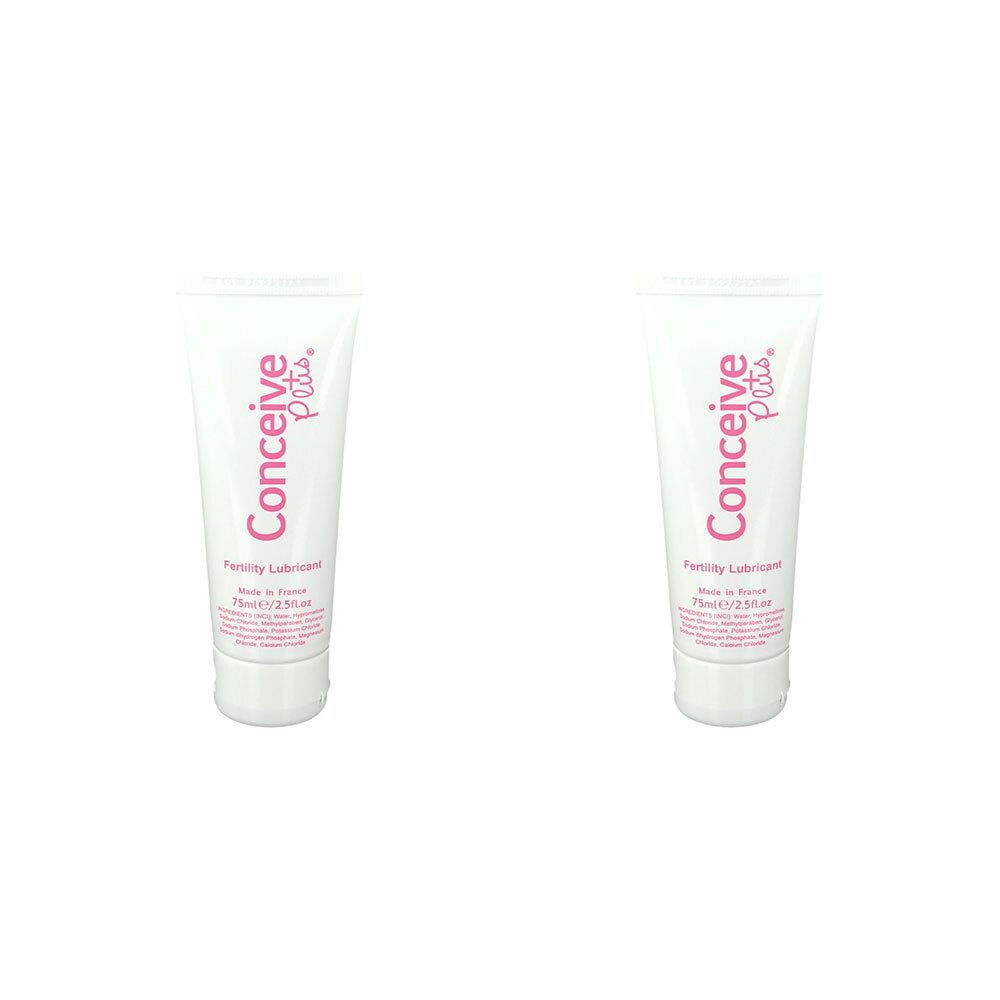 Deux tubes de lubrifiant de fertilité Conceive Plus®. Blanc, texte rose. Inscription : Conceive Plus®, Fertility Lubricant.