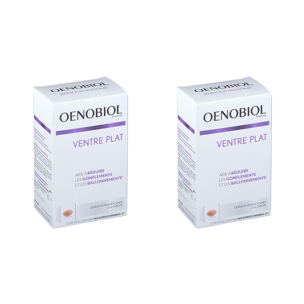 Twee witte dozen met de tekst OENOBIOL VENTRE PLAT. Paarse accenten en tekst. Capsules afgebeeld op de verpakking.