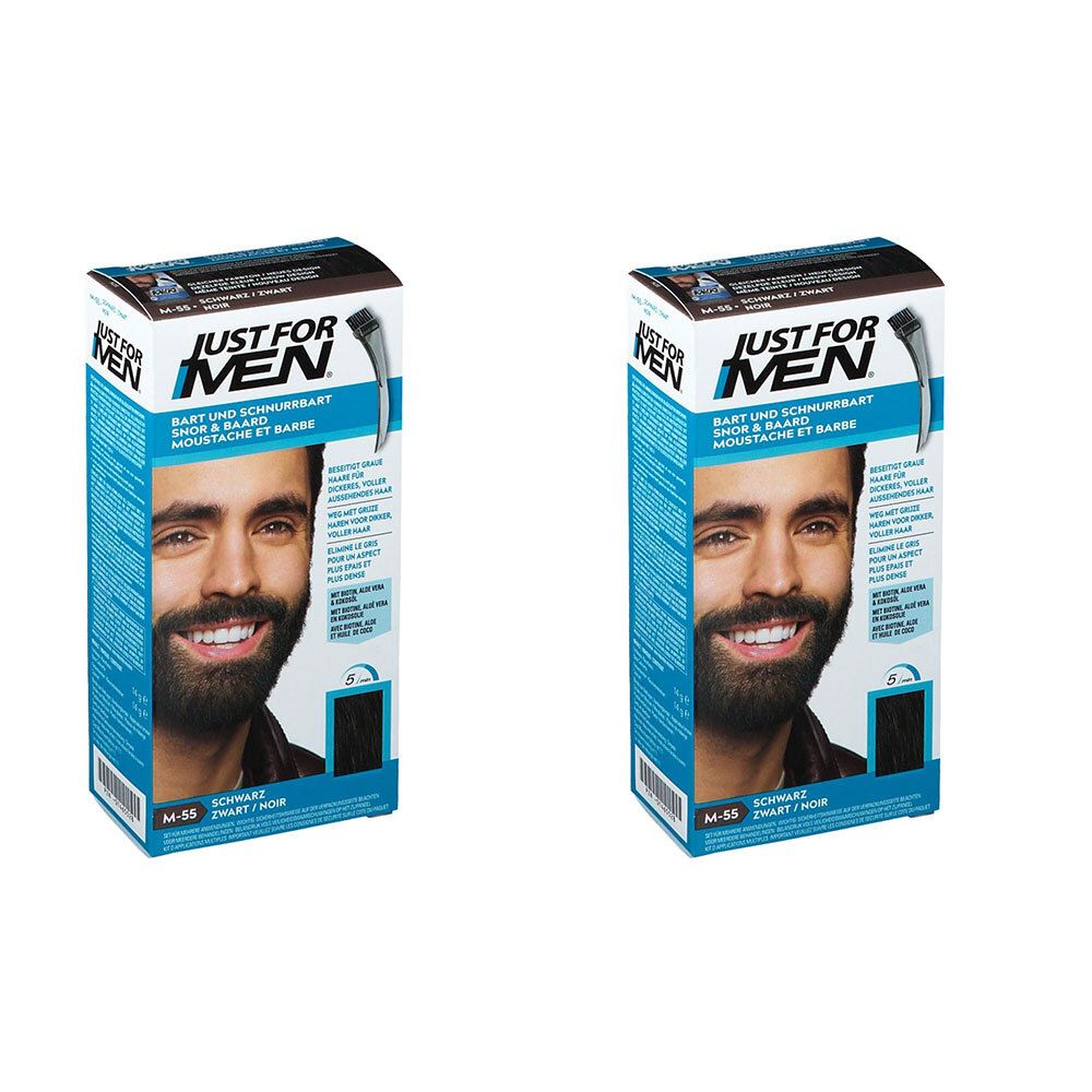 Deux boîtes de gel colorant pour barbe et moustache. Emballage bleu et blanc avec un homme, nom et description du produit.
