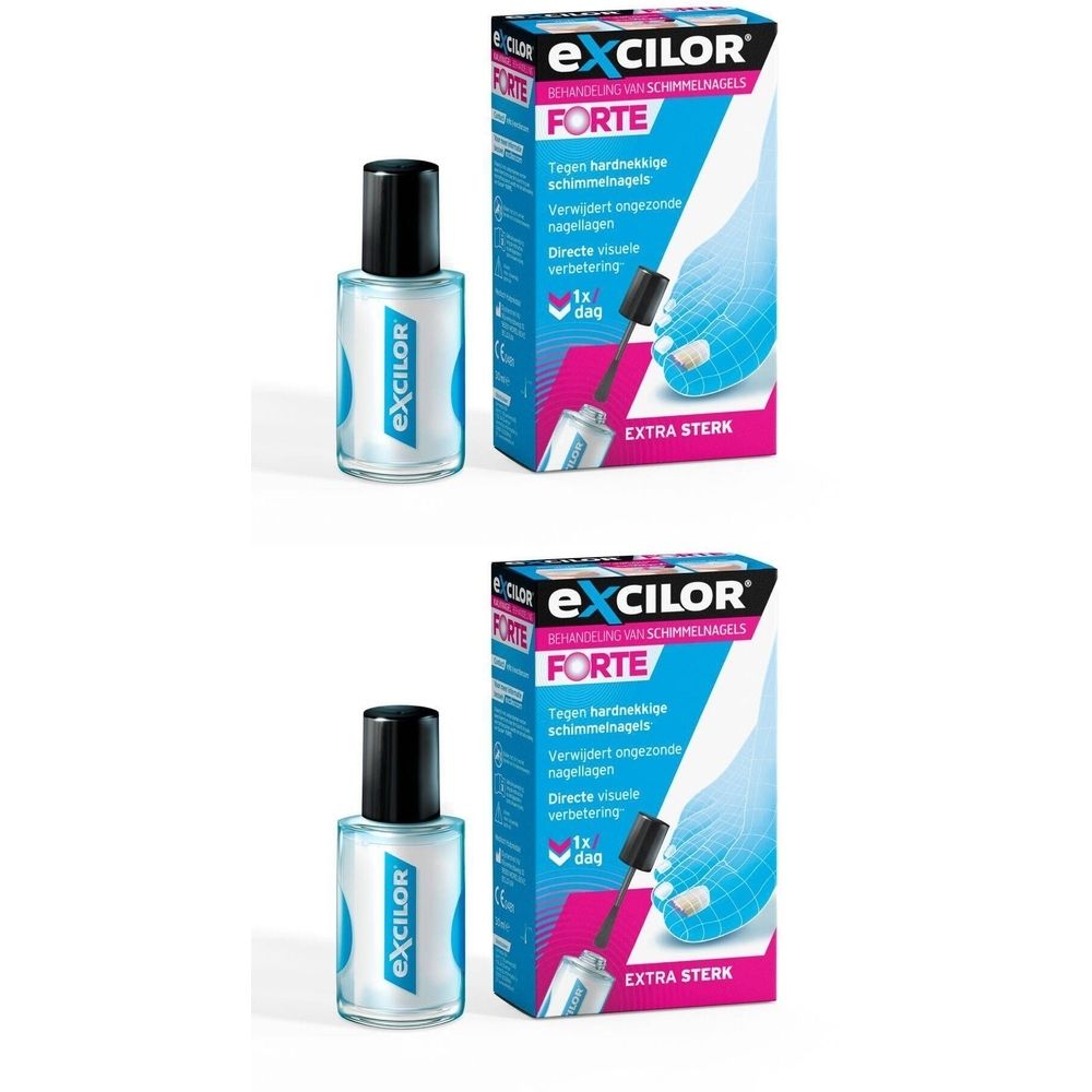 Twee flessen en verpakkingen van Excilor Forte. Flessen met zwarte dop, verpakking met productnaam en toepassing.
