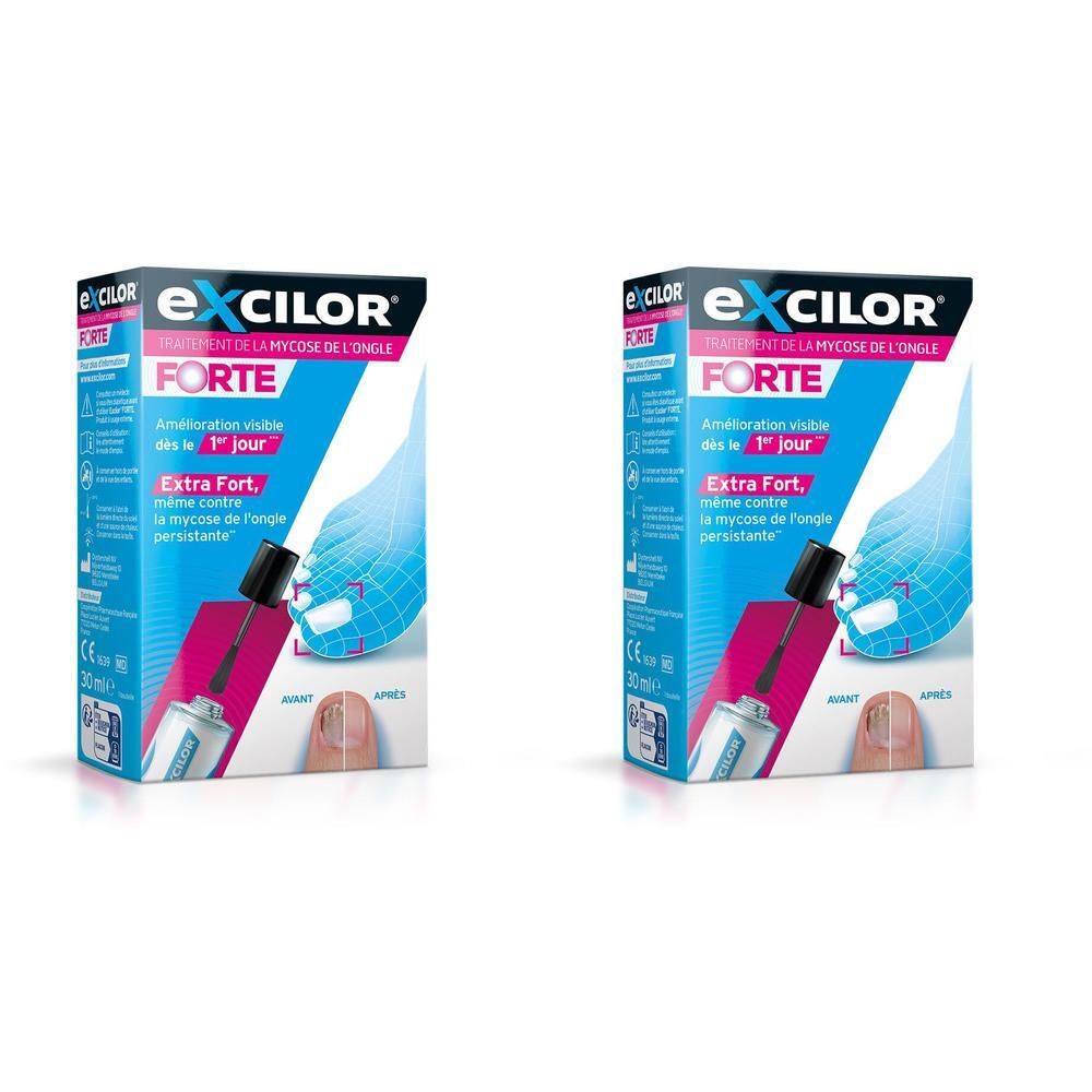 Deux boîtes de traitement pour mycose des ongles Excilor® Forte avec applicateur.