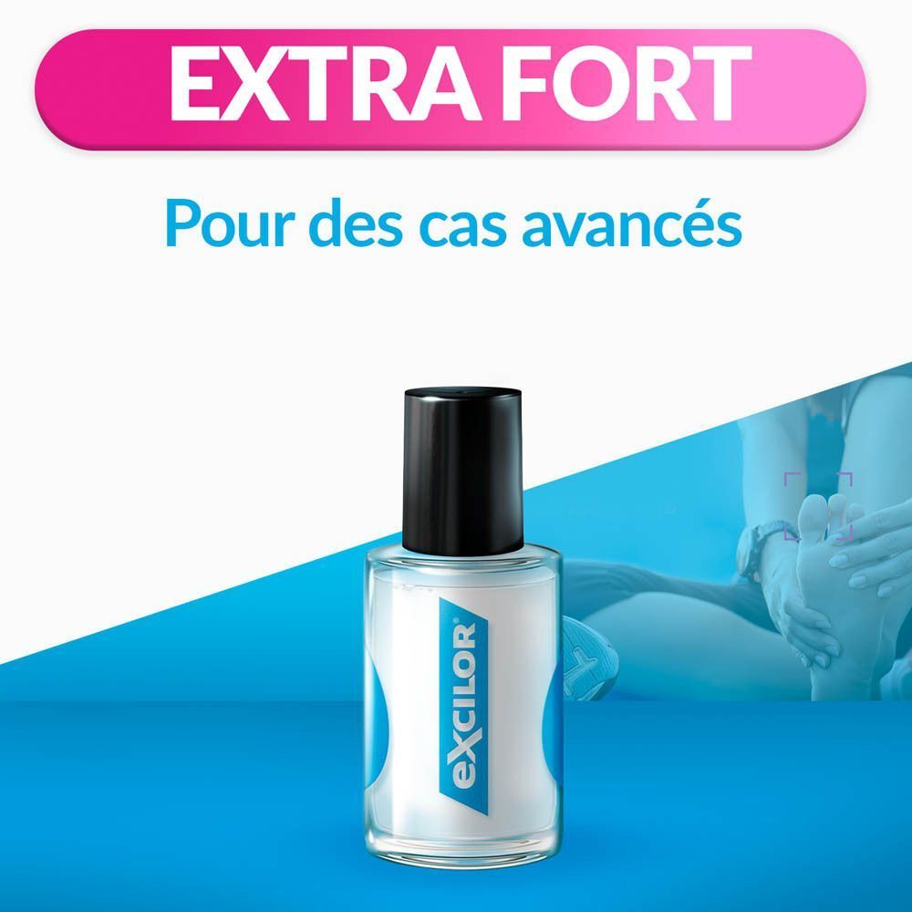 Deux flacons et boîtes de traitement pour mycose des ongles Excilor® Forte.