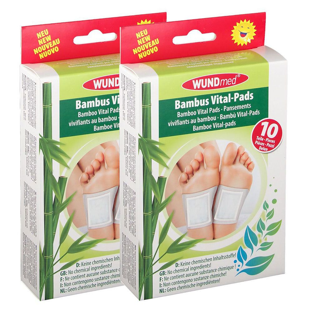 Twee dozen WUNDmed Bambus Vital-Pads. Opschrift: 10 stuks. Groen-witte verpakking met voeten en pads.