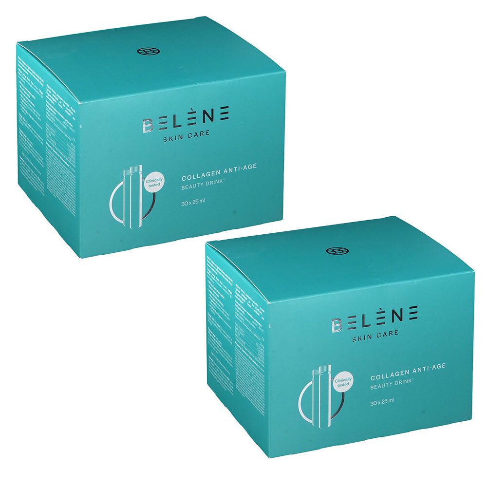 Twee turquoise dozen. Opschrift: BELÈNE Skin Care, Collagen Anti-Age Beauty Drink. Logo met gestileerde lijnen en druppels.