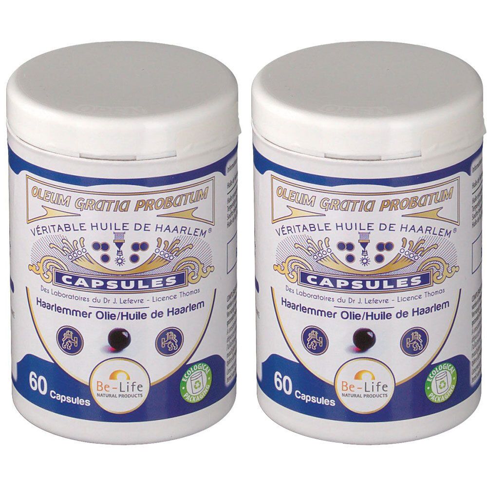 Twee witte potten met blauwe etiketten. Opschrift: VÉRITABLE HUILE DE HAARLEM, CAPSULES, 60 Capsules. Merk: Be-Life.