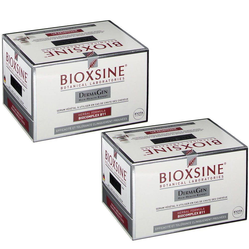 Twee dozen met BIOXSINE. Opschrift: DERMAGEN, Herbal Formula, BIOCOMPLEX B11. Zilveren rand.