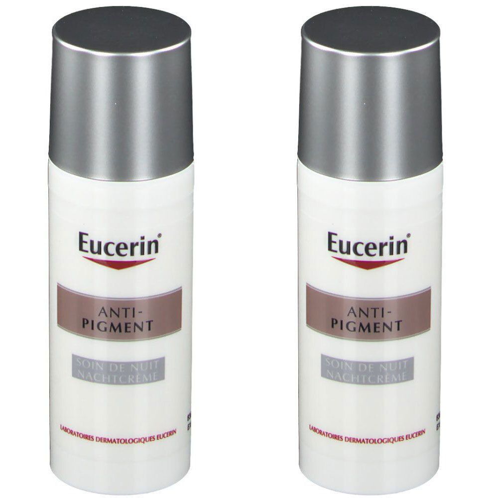 Twee witte flessen met zilveren doppen. Opschrift: Eucerin, Anti-Pigment, Nachtcrème. Dermatologische laboratoria.