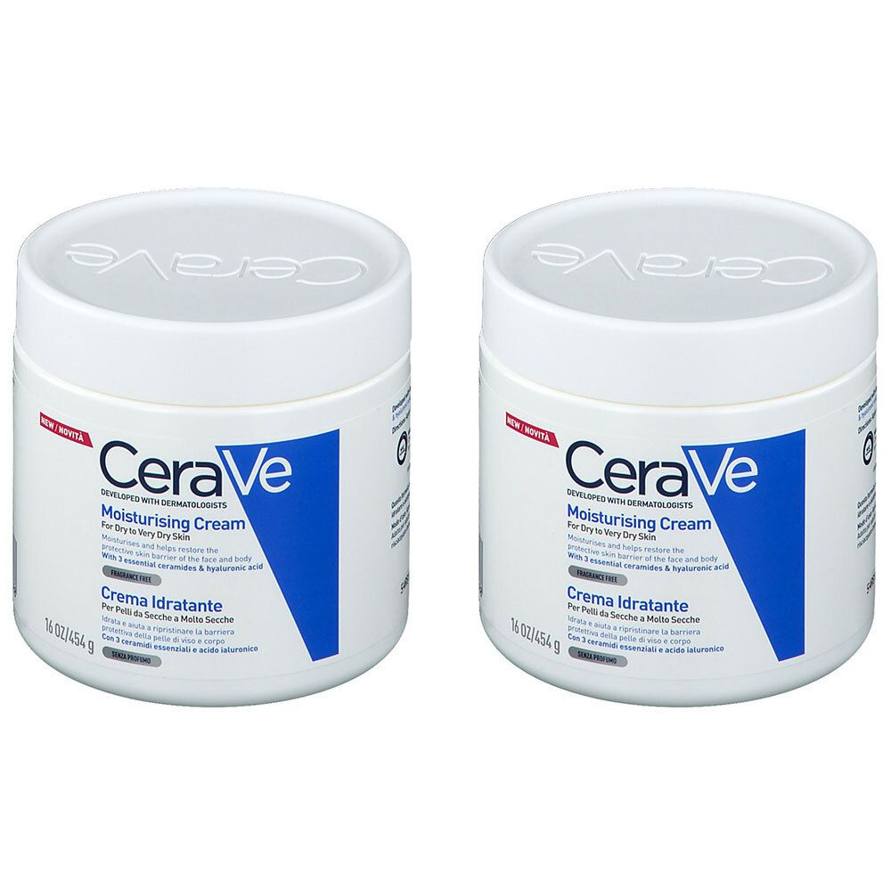 Deux pots blancs avec couvercles. Sur le devant, "CeraVe Moisturising Cream". Accents bleus et texte en plusieurs langues.