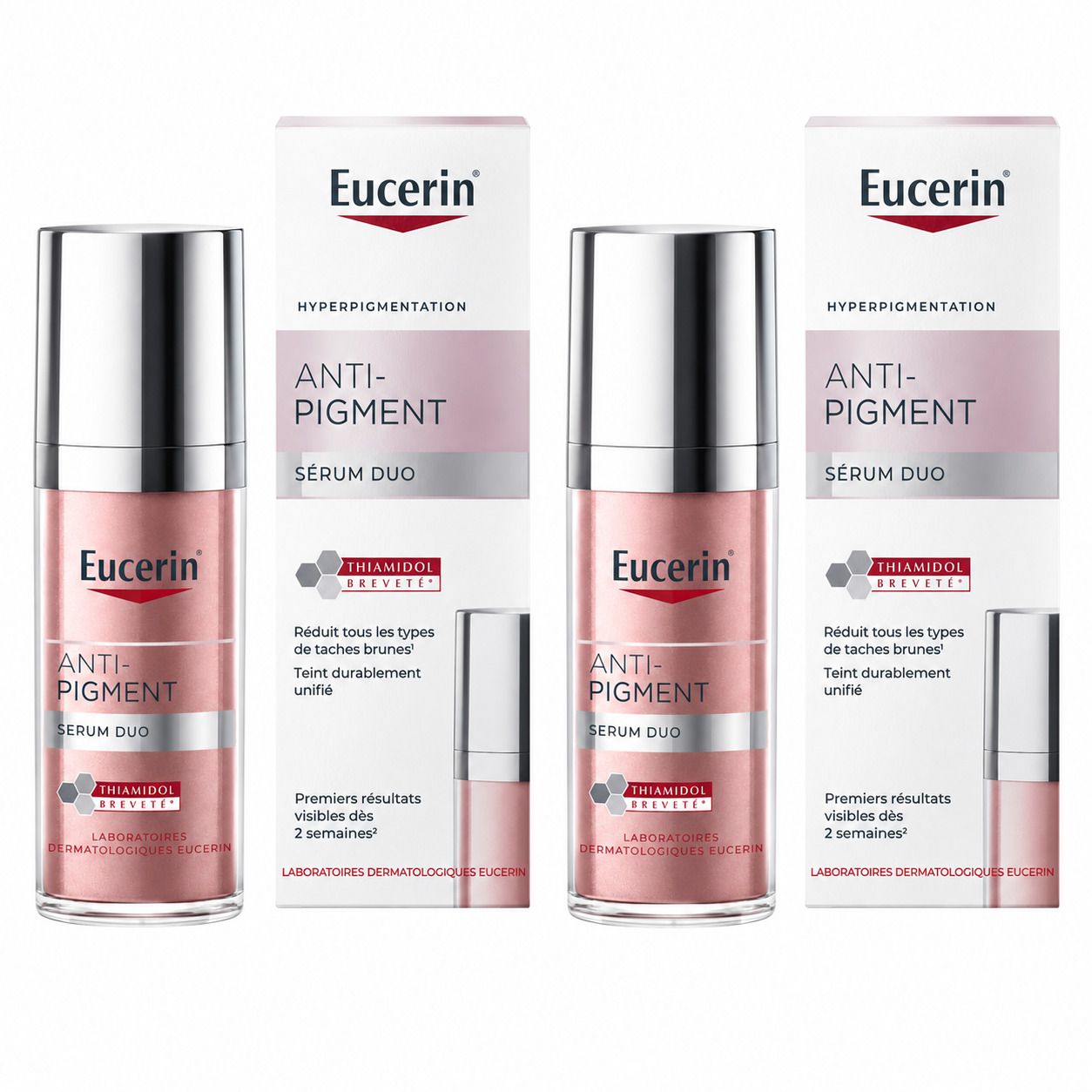 Deux boîtes pliantes de Sérum Duo Anti-Pigment Eucerin côte à côte.