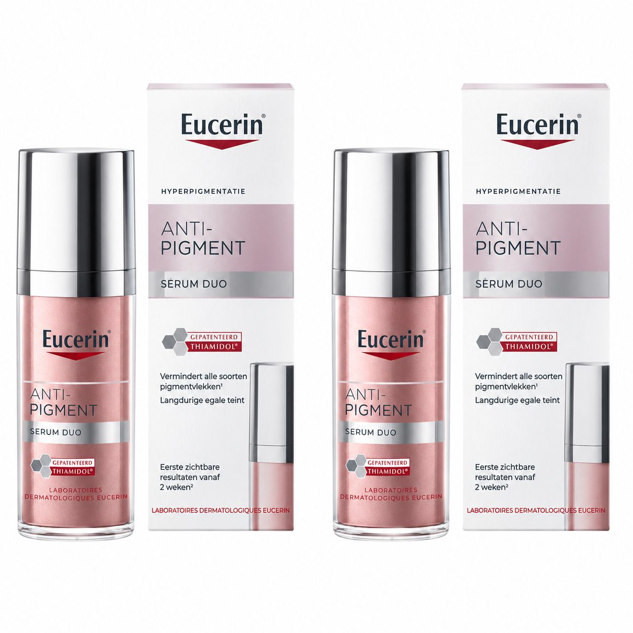 Twee Eucerin Anti-Pigment Serum Duo doosjes naast elkaar.
