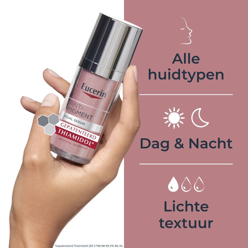 Een vrouw brengt Eucerin Anti-Pigment Serum Duo aan, met tekst over voordelen.