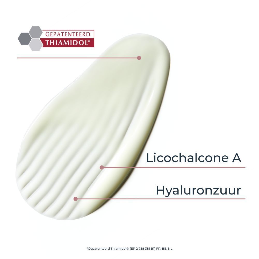 Hand houdt Eucerin Anti-Pigment Serum Duo fles vast, met iconen voor huidtypen en toepassing.
