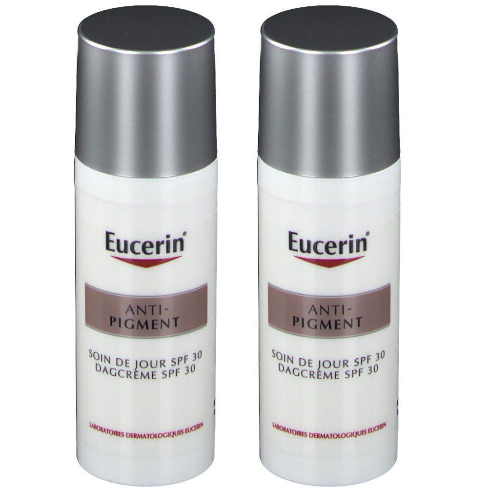 Twee witte flacons met zilveren doppen. Op elke flacon staat "Eucerin", "ANTI-PIGMENT" en "SOIN DE JOUR SPF 30".