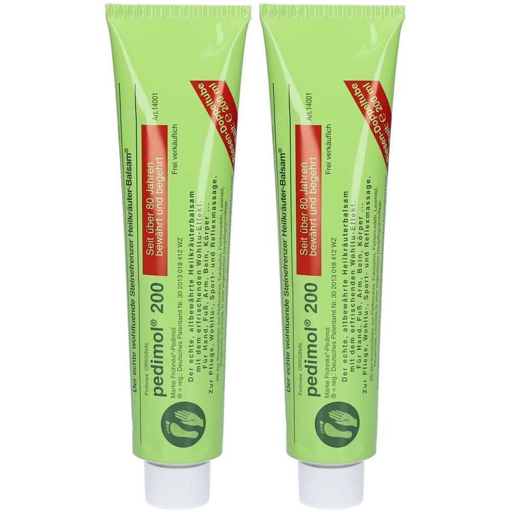 Deux tubes verts. Sur chacun, "pedimol® 200". Texte en allemand. Bouchon blanc.